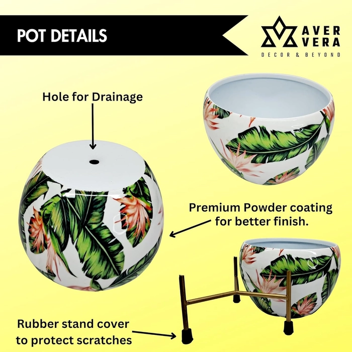 Evergreeness India Floral Print Decorative Metal Pot with Stand for Indoor Plants (White)
