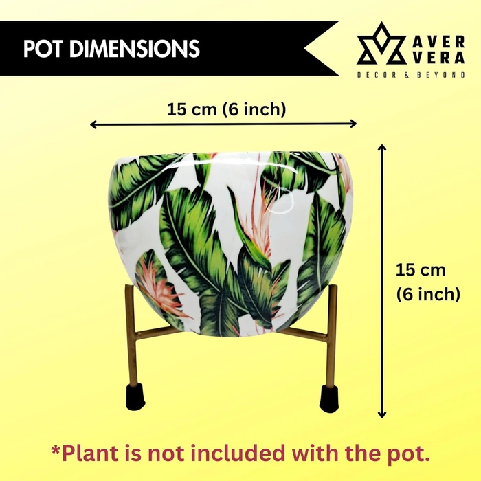 Evergreeness India Floral Print Decorative Metal Pot with Stand for Indoor Plants (White)