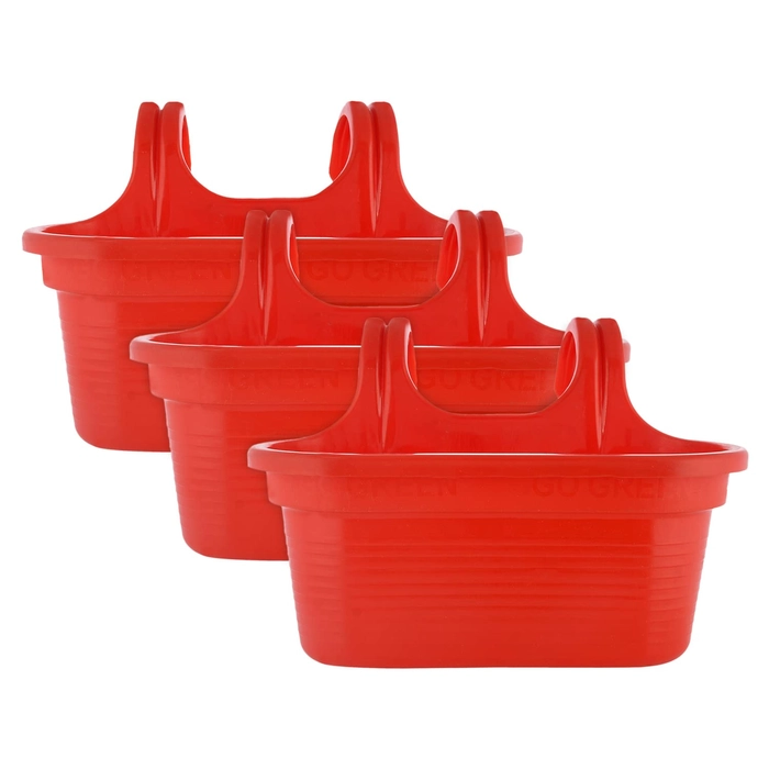 Evergreeness India Hanging Flower Pot|Double Hook Plant Container|Durable Plastic Glossy Finish Pots for Home|Balcony|Garden|12 Inch|Pack of 3 (Red)