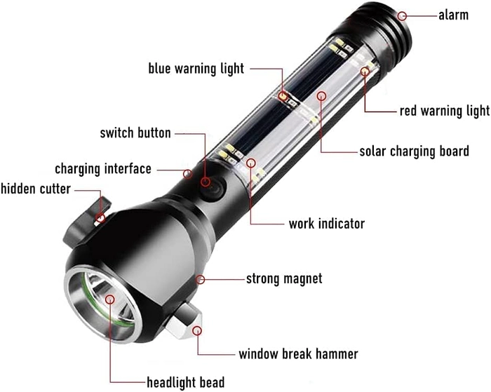 Evergreeness India Power Torch Light, Long Distance Rechargeable 7 Modes Emergency Tool with Glass Breaker, Seatbelt Cutter, Alarm and Phone Charger - Black