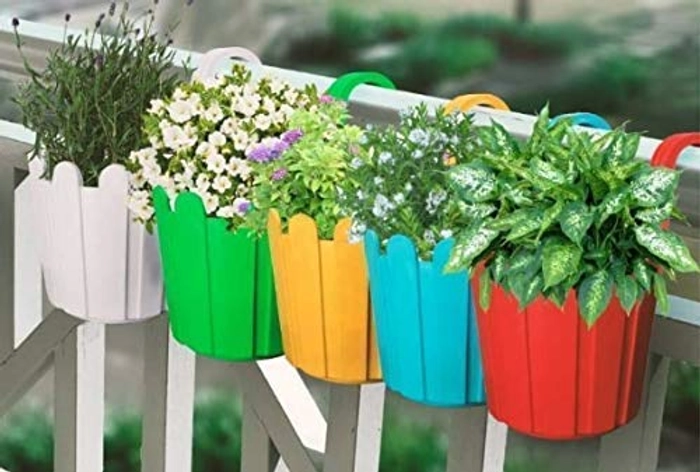 Evergreeness India railing fence hanging hook planters for outdoor plants flower pots planters for garden pack of 5 multicolor