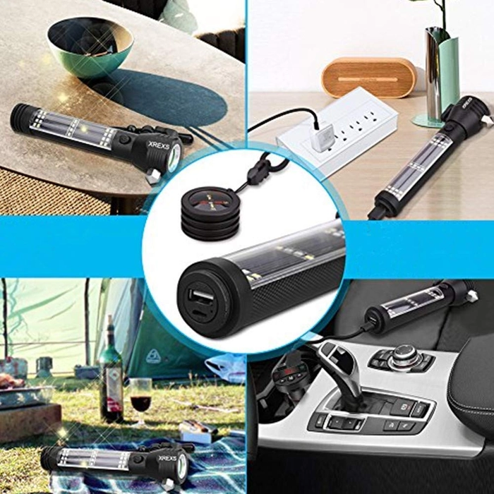 Evergreeness India Power Torch Light, Long Distance Rechargeable 7 Modes Emergency Tool with Glass Breaker, Seatbelt Cutter, Alarm and Phone Charger - Black