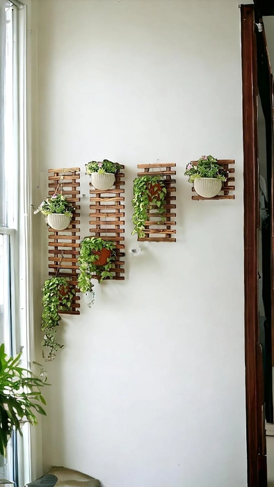 Evergreeness India Hanging Wall Grid Flower Pots Stand Wall Planter Pine Wooden Hanging Planter for Indoor Plants, Plant Stand, Air Plant Succulent Holder, Vertical Garden-Set of 4