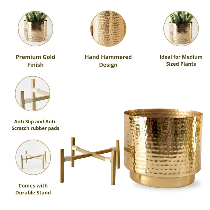 Evergreeness India Metal Indoor Planter for Table Top and Floor | Living Room Drawing Room Balcony Office | Decoration Ideas for Plants |Size Medium Golden Colour (Plants not Included)