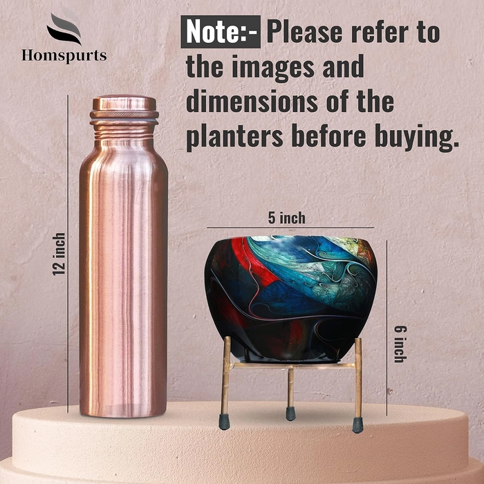 Evergreeness India Stylish Printed Metal Planter with Tripod Metal Stand for Home and Garden (Set of 2)
