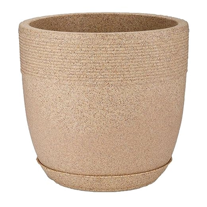 Evergreeness India DECORA Cool Fiber Marble Look Roto Moulding Flower Pot with Bottom Tray Suitable for Home and Garden (Beige/Sand Stone) (10 INCHES)