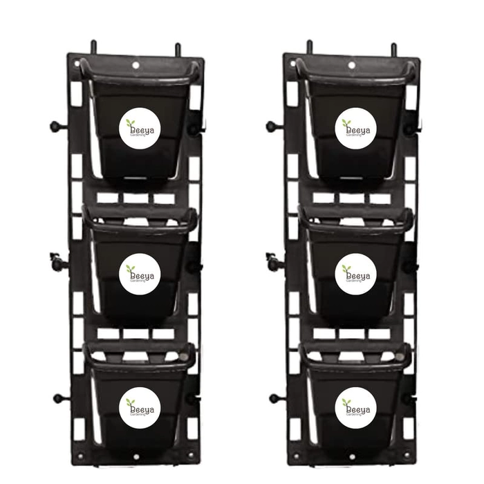 Evergreeness India Plastic Vertical Wall Garden Panel with Hanging Pots, 2 Panel with Hanging 6 Pots, Black, Standard