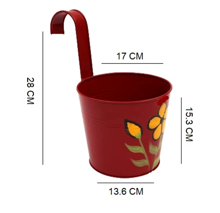 Evergreeness India Flower Pots Planters for Plants, Hanging Metal for Balcony Railing Vertical Hook for Home Gardening, 7 Inc Railing Pot Maroon Color (Set of 1)