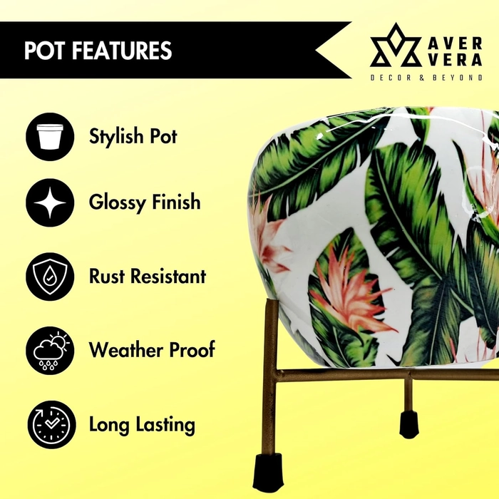 Evergreeness India Floral Print Decorative Metal Pot with Stand for Indoor Plants (White)
