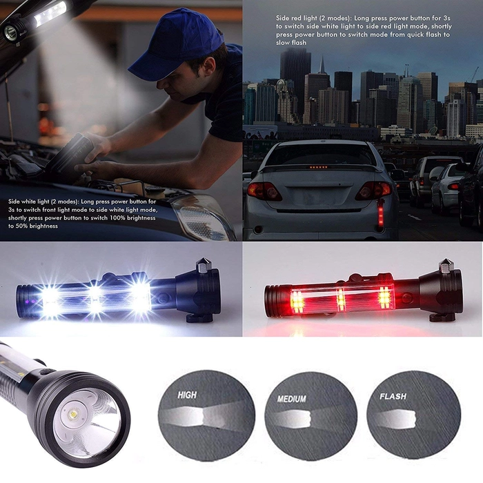 Evergreeness India Power Torch Light, Long Distance Rechargeable 7 Modes Emergency Tool with Glass Breaker, Seatbelt Cutter, Alarm and Phone Charger - Black