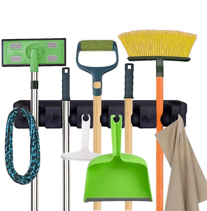 Evergreeness India And Broom Holder Wall Mount, Heavy Duty Broom Holder Wall Mounted Or Tool Organizer For Home Garden Garage And Storage (5 Positions With 6 Hooks, Black,Plastic)