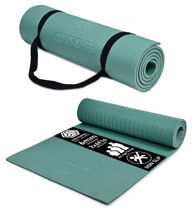 Quick Shel Yoga mats Exercise Mat Anti-Skid Water/Dirt Proof Lightweight easy to Carry for home and gym workouts for men women children with Carry Strap (Army Green) (2fts x 6fts) (6mm Thickness)