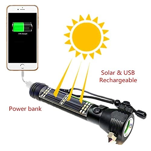 Evergreeness India Power Torch Light, Long Distance Rechargeable 7 Modes Emergency Tool with Glass Breaker, Seatbelt Cutter, Alarm and Phone Charger - Black
