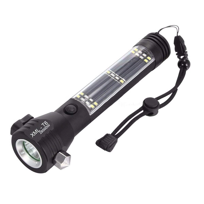 Evergreeness India Power Torch Light, Long Distance Rechargeable 7 Modes Emergency Tool with Glass Breaker, Seatbelt Cutter, Alarm and Phone Charger - Black