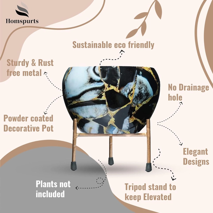 Evergreeness India Stylish Printed Metal Planter with Tripod Metal Stand for Home and Garden (Set of 2)