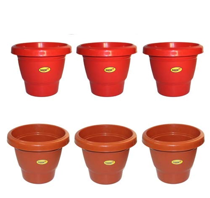 Evergreeness India Heavy Duty Plastic Round Shape Flower Pot, Pack of 6 (12 Inch, Red and Brown)