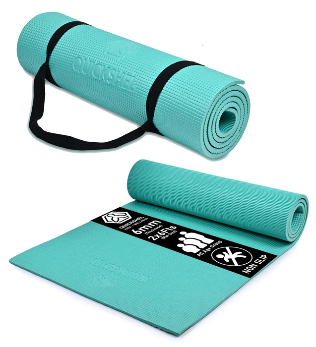 Quick Shel Yoga mats Exercise Mat Anti-Skid Water/Dirt Proof Lightweight easy to Carry for home and gym workouts for men women children with Carry Strap (Sea Green) (2fts x 6fts) (6mm Thickness)