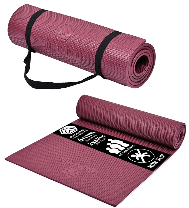 Quick Shel Yoga mats Exercise Mat Anti-Skid Water/Dirt Proof Lightweight easy to Carry for home and gym workouts for men women children with Carry Strap (Wine) (2fts x 6fts) (6mm Thickness)