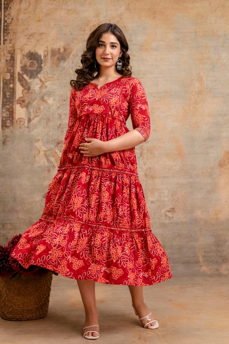 Henal Crimson Garden Maternity Dress – Red Floral Cotton Tiered Kurti Gown