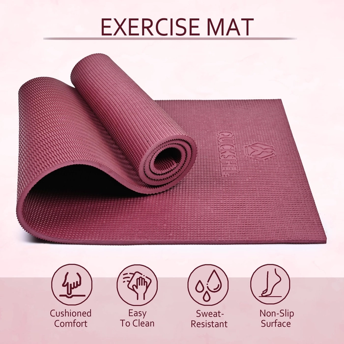 QUICK SHEL Yoga Mat - 4mm Thick, Anti-Skid, Water/Dirt Proof, Lightweight Exercise Mat for Men, Women & Kids | Textured Surface | Material - EVA | 2x6ft Size (Wine)