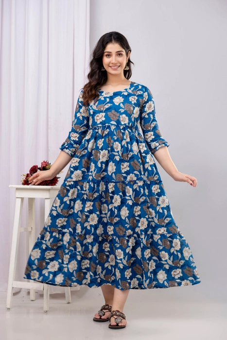 Henal Cotton Blue Floral Maternity Dress – Elegant Maxi for Pregnancy & Nursing Comfort