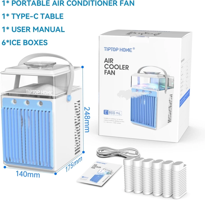 Refroidisseur d'air Portable, 4 en 1 Rechargeable Mini Climatiseur Portable avec 6 Bacs à Glace, Climatiseur Mobile via App Contrôle pour Bureau, Tente, Chambre à Coucher