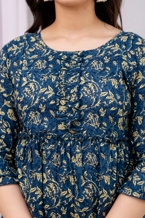 Henal Cotton Navy Blue Leaf Print Maternity Dress – Comfortable Maxi for Pregnancy & Nursing
