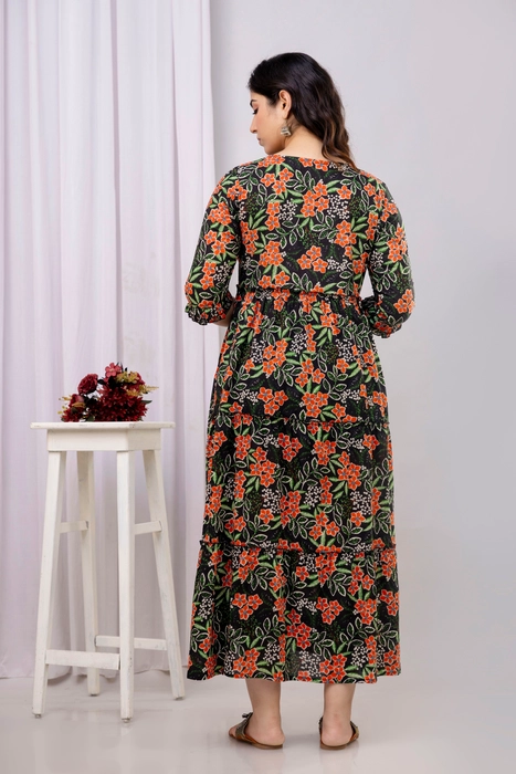 Henal Dark Green Floral Maternity Dress – Pure Cotton Comfort for Moms-to-Be