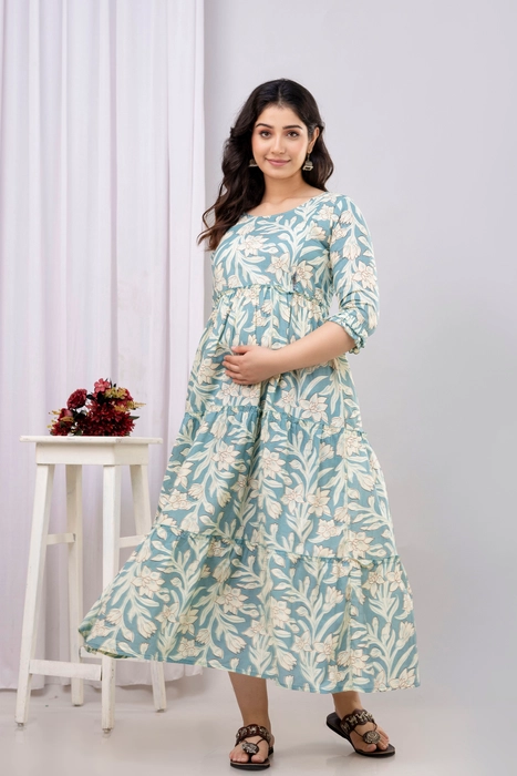 Sage Green Floral Cotton Maternity Dress – Tiered Maxi with Ruffle Sleeves