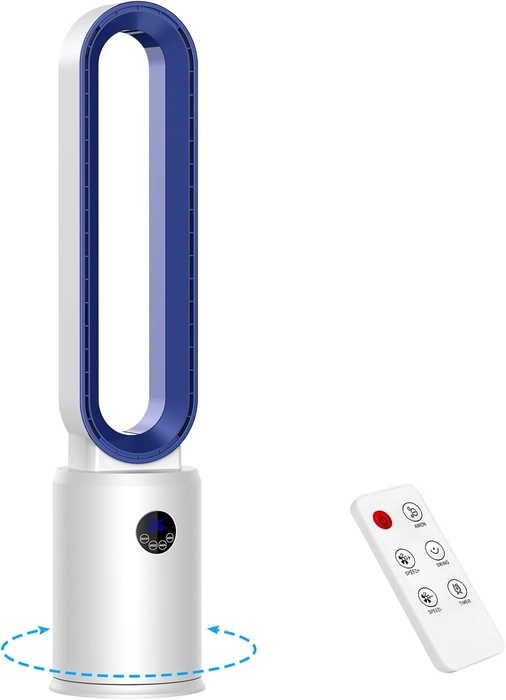 YAZEKY Ventilateur Colonne Sans Pale,24 Vitesses Ventilateur Tour Silencieux,Ventilateur de Sol Oscillant à 60,Écran LED,Minuterie De 12 Heures, Ventilateur Sur Pied Pour Chambre à Coucher (bleu)