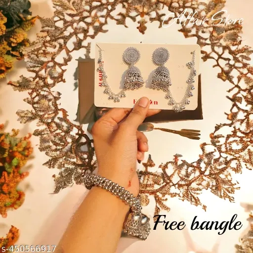 AFFAIR STORE "Gorgeous "Oxidized Silver Jhumka Earrings with Matching Bracelet – Traditional Ethnic Earrings for Women – Trendy Jhumkas with Attached Chain – Stylish Silver Jewelry Set for All Occasio