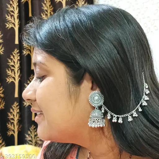 Jhumka Set Bahubali Jumka with hair chain Earrings for Women Oxidized Silver Jumka for Girl Earring jhumka Bahubali oxidised silver earrings jumki long Jhumka earring Silver jumki earrings Oxidised Si