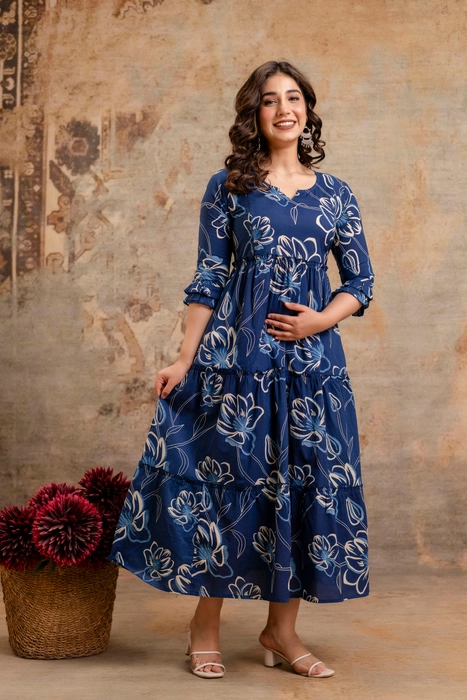 Henal Maternity Floral Printed Maxi Dress – Navy Blue