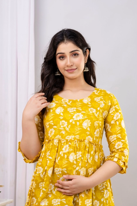 Yellow Floral Cotton Maternity Dress – Tiered Anarkali with 3/4 Sleeves