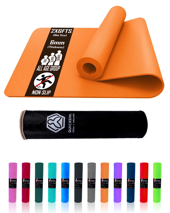 Quick Shel Yoga mats Exercise Mat Anti-Skid Water/Dirt Proof Lightweight easy to Carry for home and gym workouts for men women children with Carry Bag (Orange) (2fts x 6fts) (6mm Thickness)