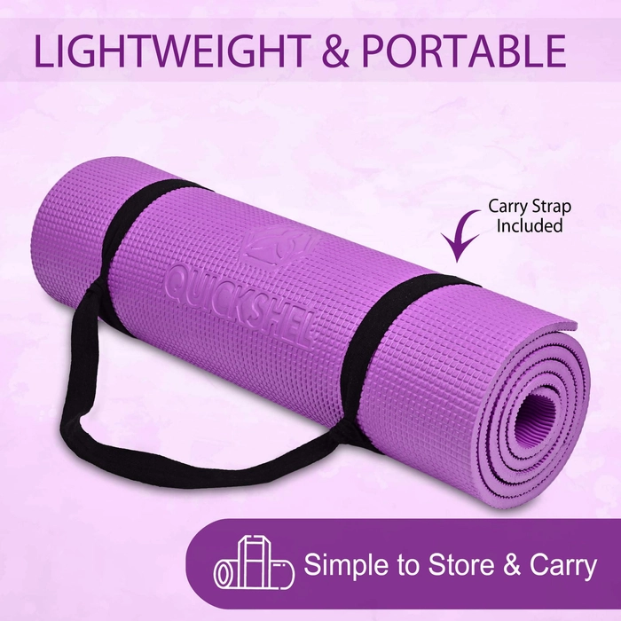 Quick Shel Yoga mats Exercise Mat Anti-Skid Water/Dirt Proof Lightweight easy to Carry gym workouts for men women children with Carry Strap (2Fts x 6Fts) (4mm Thickness) (Purple)