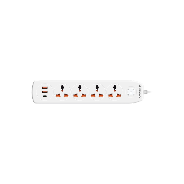 HAMMOK Hype 4+1 Multi Plug Adapter | 1.5M Extension Cord with 2× USB + 1× Type-C Fast Charging Ports | Universal Socket | Compact Power Strip for Home & Office