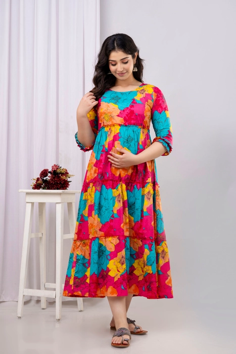 Henal Floral Maternity Dress – Vibrant Multicolor Maxi for Pregnancy & Nursing Comfort