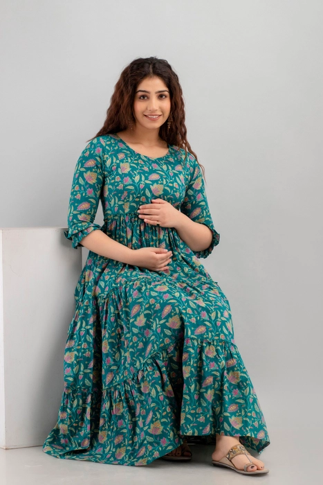 Henal Teal Floral Cotton Maternity Maxi Dress – Comfort Fit for Moms-to-Be
