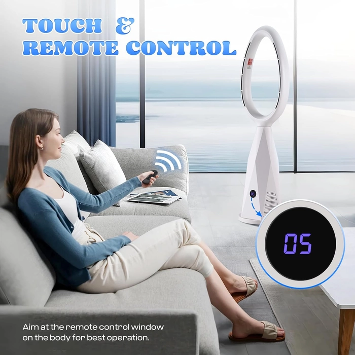 Moongiantgo 46" Ventilateur tour sans pales & chauffage avec télécommande et filtre HEPA - 10 vitesses, oscillation 80°, mode nuit, protection anti-bascule, pour pièce/maison/bureau (blanc)