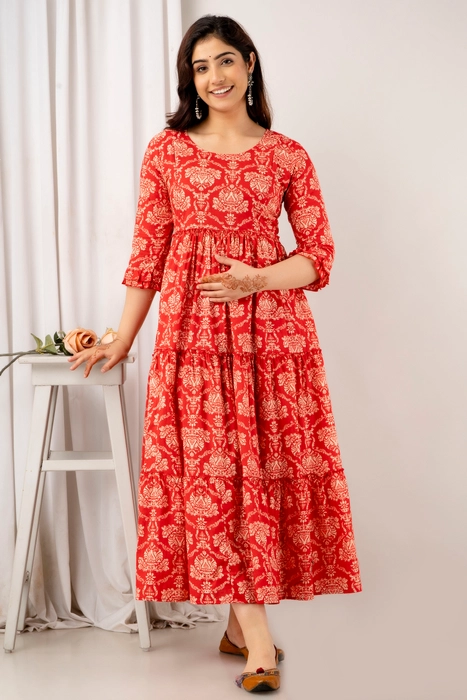 Red Ethnic Printed Cotton Maternity Dress – Anarkali Style with 3/4 Sleeves