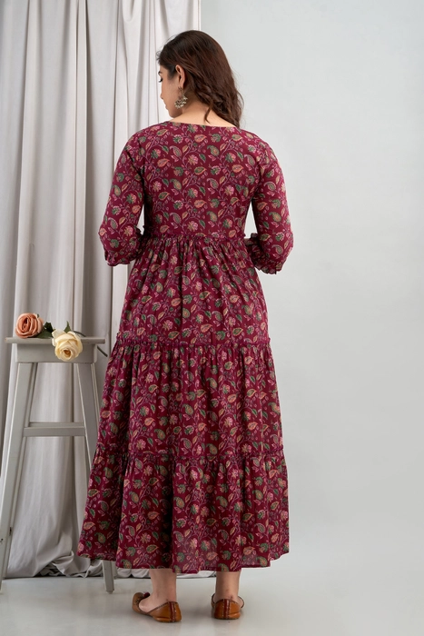 Burgundy Floral Cotton Maternity Dress for Women – Tiered Fit with 3/4 Sleeves
