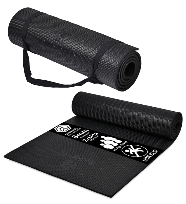 Quick Shel Extra Thick 8mm Thickness Yoga mats Exercise Mat Anti-Skid Water/Dirt Proof Lightweight easy to Carry for home and gym workouts for men women children with Carry Strap (Black) (2fts x 6fts)