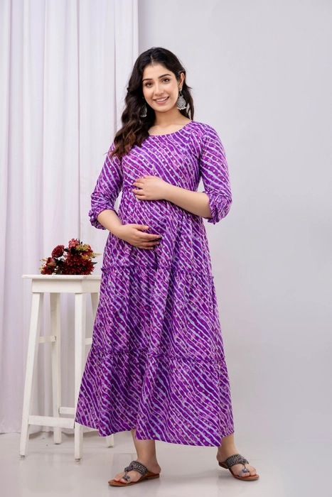 Henal Premium Purple Bandhani Cotton Maternity Dress – Soft & Stylish for Every Stage