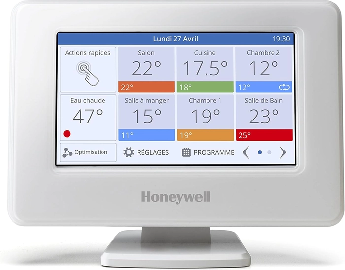 Honeywell Home THR99C3112 evohome Thermostat intelligent WiFi avec relais de commande chaudière sans fil et 2 têtes de radiateur sans fil, blanc (4 pièces)