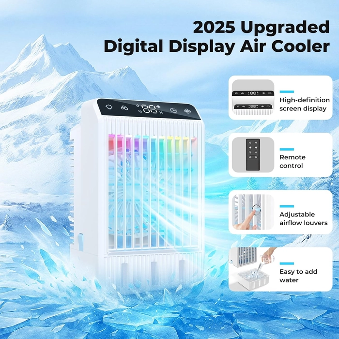 Climatiseur Mobile avec Ecran, 1000 ml Refroidisseur D'air, 4-EN-1 Ventilateur Humidificateur Mini Clim avec Double Pulvérisation et Lumière, 4 Vitesses de Synchronisation Climatiseurs Portables