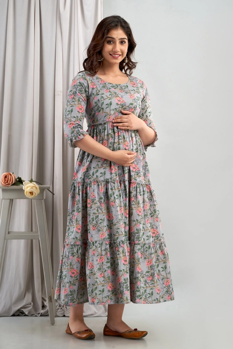 Grey Floral Printed Cotton Maternity Dress – Tiered Gown with 3/4 Ruffle Sleeves
