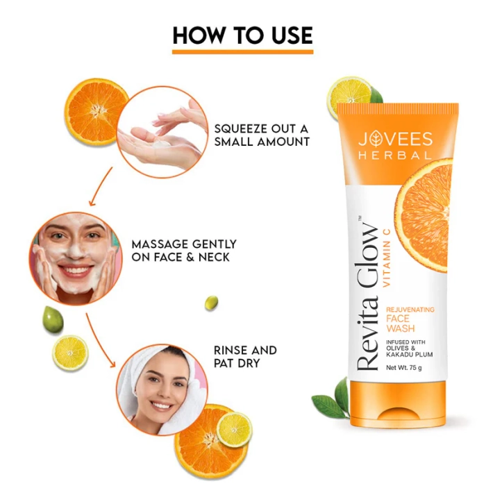 Jovees Revita Glow Vitamin C Face Wash With Olives & Kakadu Plum For Hyperpigmentation and Uneven Skin Tone 75G