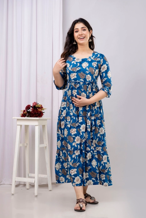 Henal Cotton Blue Floral Maternity Dress – Elegant Maxi for Pregnancy & Nursing Comfort
