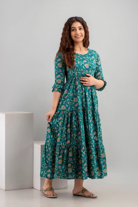 Henal Teal Floral Cotton Maternity Maxi Dress – Comfort Fit for Moms-to-Be